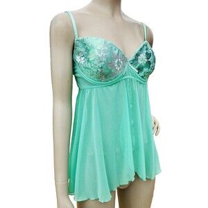 Vintage Frederick's of Hollywood Green Nightie Teddy Lingerie Padded Bust 32